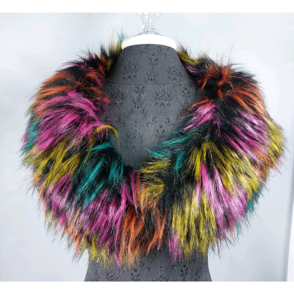 Faux Fur Rainbow Collar Scarf Fashion Fluffy Warm Plush Scarf 5"x36" Hook & Eye